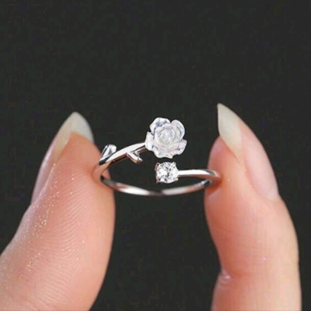 "Camillia" AB Rose & Rhinestone Open Size Stainless Steel Ring (OS)